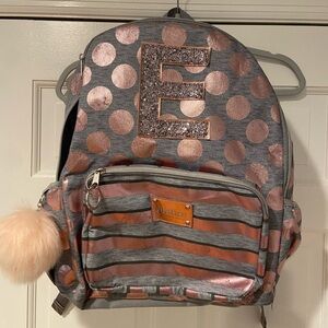 Justice Gray and Rose Gold Backpack with Initial “E” and Pom Charm